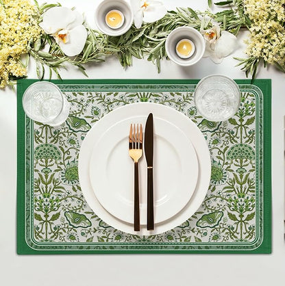 Green Floral Boho Placemats Set of 4, 12x18 Inch Vintage Chinoiserie Block Print Place Mats Seasonal Spring Summer Rustic Farmhouse Table Mats for Party Kitchen Dining Outdoor Indoor Decor