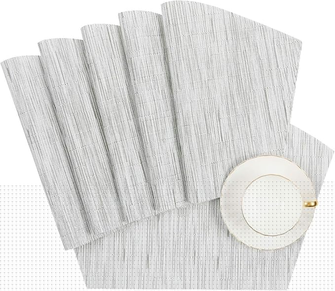 SHACOS Wedge Placemats Set of 8 Woven Vinyl Placemats for Small Round Table Place Mats Wipe Clean Non Slip Table Mats, Gray White