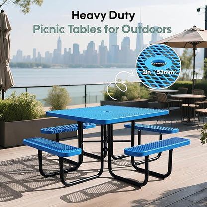 46'' Square Picnic Table for Outdoors, Commercial Steel Metal Picnic Tables, Heavy Duty Sturdy Picnic Tables Furniture Set for Patio Garden Courtyard BBQ, with Umbrella Hole, Blue