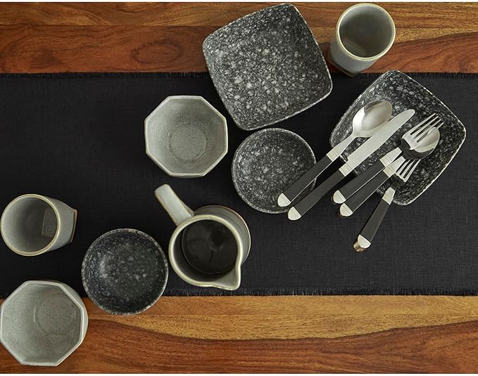 Solino Home Fringe Linen Table Runner 48 Inches - 100% Pure Linen Black Table Runner 14 x 48 Inch Ideal for Dresser and Coffee Tables - Spring