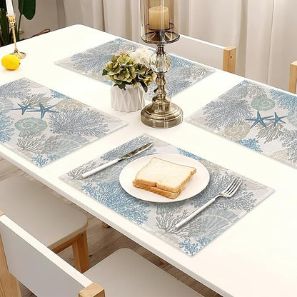 Coastal Beach Placemats Set of 6,Shell Starfish Coral Heat Resistant Table Mats Washable Place Mats for Party Kitchen Farmhouse Home Dining Holiday Decor 12x18 Inch