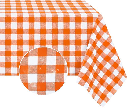 Romanstile Rectangle Vinyl Tablecloth, 100% Waterproof Buffalo Gingham Plastic Table Cloth, Heavy Duty Wipeable Checkered Table Covers for Outdoor, Camping, Picnic, Patio - 54 x 78, Orange and White