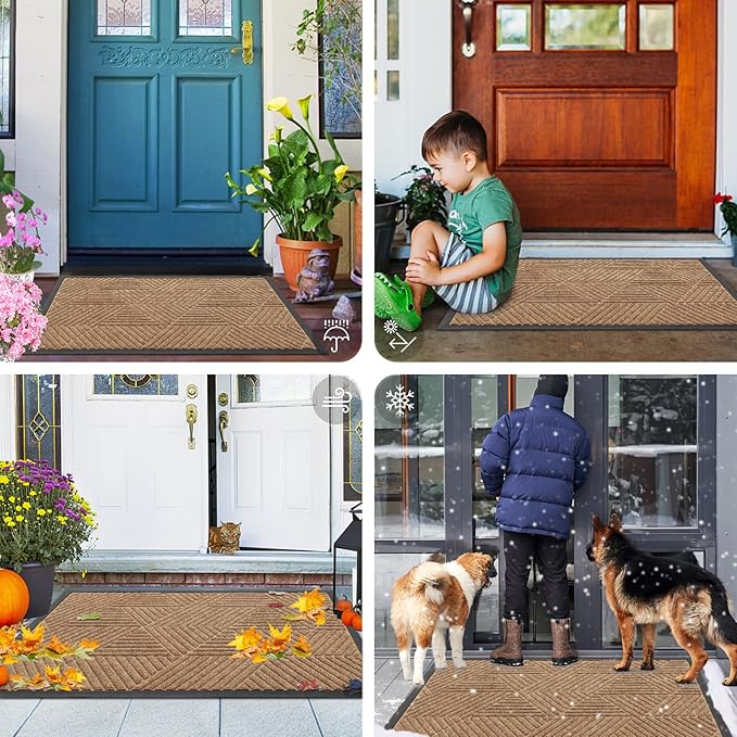 Smiry Front Door Mat Outside Entrance, Heavy Duty Sturdy Natural Rubber Doormat, Trap Dirt and Moisture, Easy Clean Low Profile Mats for Indoor Outdoor Entry, Irregular Triangle (36x24, Coffee)