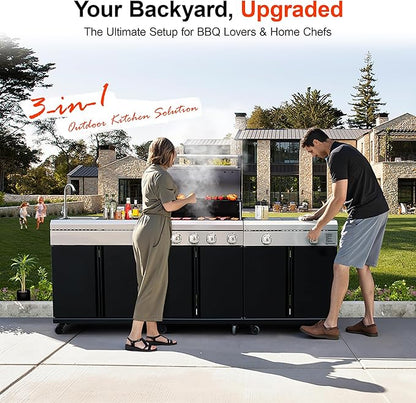 Brand-Man Outdoor Kitchen Island – 5-Burner Gas Grill & Griddle Combo with 800°C Infrared Sear Zone, Dual-Zone Cooktop, Sink & Storage, 995 sq.in Cooking Area, 67,000 BTU Stainless Steel BBQ Station