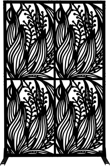 Metal Privacy Screen Room Divider 72" H x 45.3" W, Free Standing Decorative Panel with Bird Design for Indoor Outdoor Use, Black Iron Partition for Patio Balcony Garden (Leaf Black)
