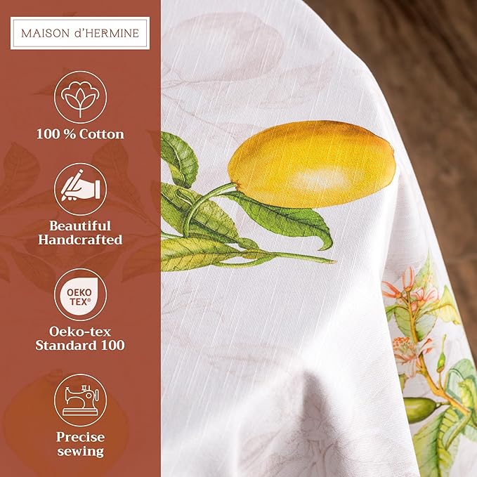 Maison d' Hermine Table Cloth Round Table 100% Cotton 63 Inches Tablecloth Reusable Decorative Everyday Use for Dining Room, Farmhouse, Home, Party, Festive & Wedding Spring Summer - Limoncello