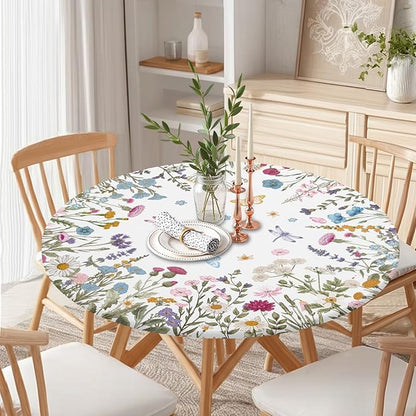 Spring Summer Floral Round Fitted Tablecloth with Elastic Wildflower Butterfly Circle Table Cloth for 40-44" Tables Wipeable Waterproof Farmhouse Easter Flowers Table Cover for Picnic Outdoor Dining