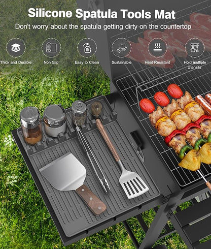 Silicone Griddle Tools Mat for Blackstone - Large Silicone Spatula Mat with Drip Pad - Griddle Mats BBQ Grill Accessories - Side Shelf Mats Grill Pad for Blackstone Griddles Accessories（Gray）