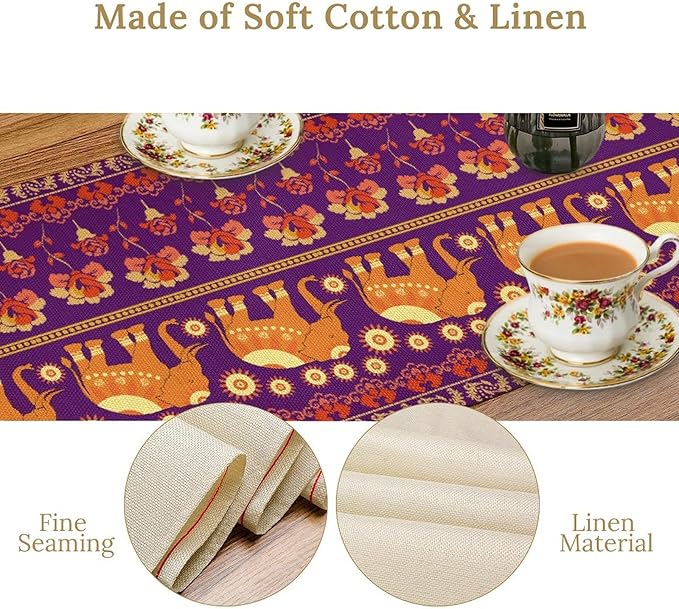 African Tribal Table Runner, Rustic Elephants Floral African Indian Diwali Art Print Purple Coffee Table Center Decor for Home Kitchen Holiday Party Farmhouse Outdoor Table Decorations, 13"x36"