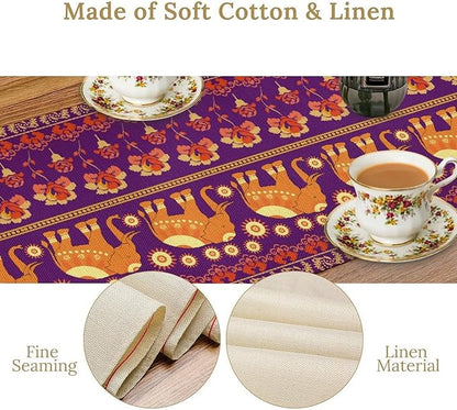 African Tribal Table Runner, Rustic Elephants Floral African Indian Diwali Art Print Purple Coffee Table Center Decor for Home Kitchen Holiday Party Farmhouse Outdoor Table Decorations, 13"x108"