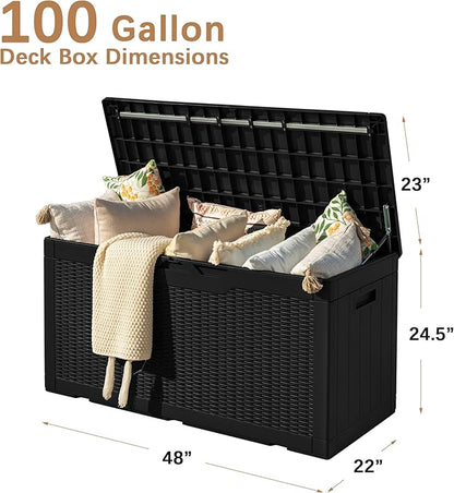 Devoko 97 Gallon Deck Box, Waterproof Resin Outdoor Storage Box for Outside and Patio, Large Outdoor Storage Bench Cabinet Lockable for Patio Furniture, Garden Tools and Pool Supplies (Black)