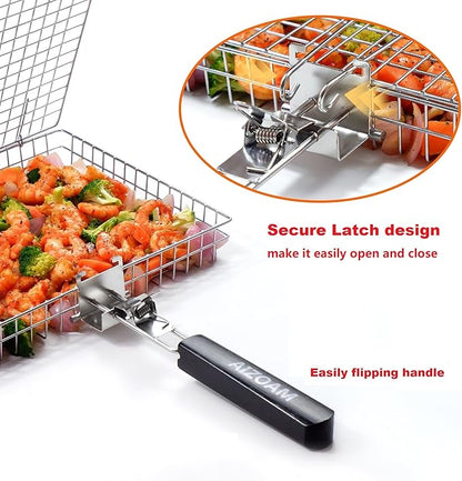 Grill Basket - Grill Baskets for Outdoor Grill, Stainless Steel Large Grilling Basket w Removable Handle, Portable Fish Grilling Rack for Grill Ideal Meat Fish Vegetables Grilling Accessories