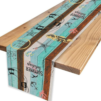 Retro Summer Table Runner, Coastal Starfish Beach Seashell Ocean Nautical Wooden Plank Seasonal Coffee Table Center Decor for Home Kitchen Dining Patio Holiday Party Table Decorations 13"x108"