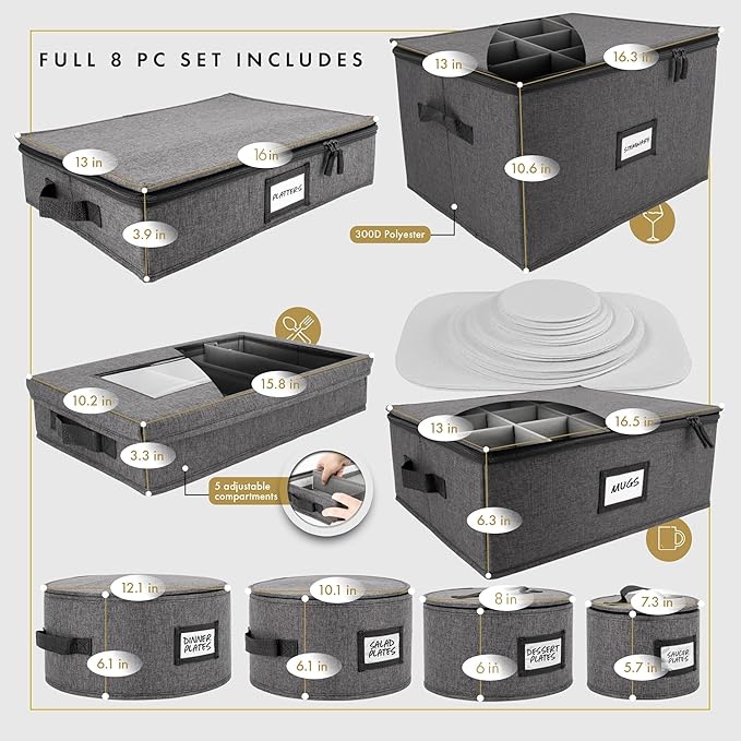 Homelux Theory 2pc Dessert Storage with Lid, Hard Shell China Storage Containers, Heavy Duty Dinnerware Storage Box with 24 Felt Pads and Thick Surface for Dishes and Dinner Plate, Move Out Essentials