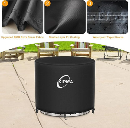 Kipiea Round Fire Pit Cover for Solo Stove Bonfire - 100% Waterproof Smokeless Fire Pit Cover, Upgraded 600D Strong Tear and UV Resistant - 22" Dia X 16" H