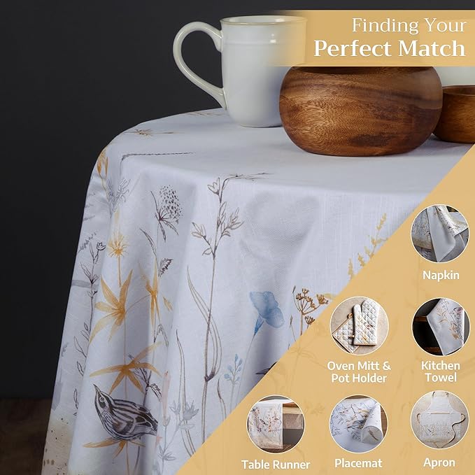 Maison d' Hermine Table Cloth Round Table 100% Cotton 63 Inches Tablecloth Reusable Decorative for Dining Room, Farmhouse, Home, Party, Festive & Wedding Spring Summer - Meadow Florals - Beige