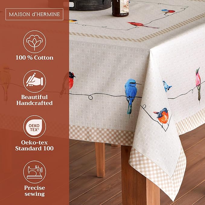 Maison d' Hermine Table Cloth Rectangle Table 100% Cotton 60 x 120 Inches Tablecloth Reusable Decorative for Dining Room, Farmhouse, Home, Party, Festive & Wedding Spring Summer - Birdies On Wire