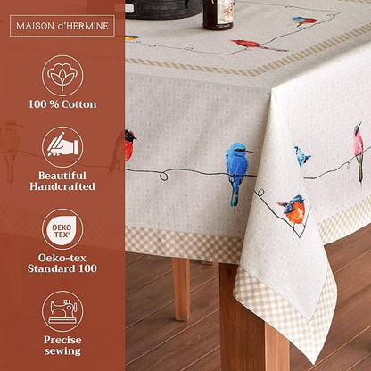 Maison d' Hermine Table Cloth Rectangle Table 100% Cotton 60 x 120 Inches Tablecloth Reusable Decorative for Dining Room, Farmhouse, Home, Party, Festive & Wedding Spring Summer - Birdies On Wire
