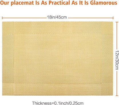 Placemats Set of 6,Washable,Heat and Stain Resistant Indoor/Outdoor Place mats,Vinyl Woven Non Slip Table Mats for Restaurant Table Protection,PVC Placemats(Gold 6PCS)