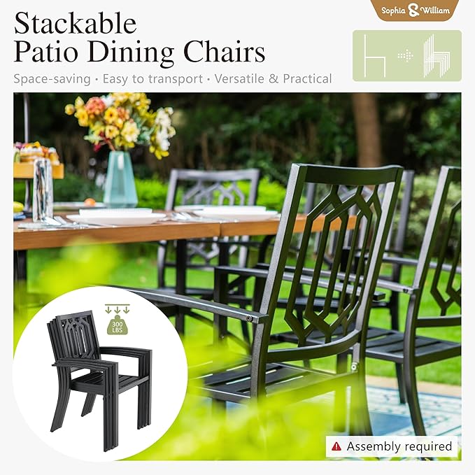 Sophia & William Patio Table and Chairs Set, Outdoor Dining Set for 4, 5 Piece Metal Patio Furniture, 37" Black Square Table(Geometry)