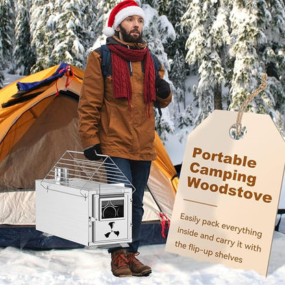 Hot Tent Stove, Camping Wood Burning Stove with 7 Stainless Chimney Pipes and Anti-Spark, Small Camping Wood Stove for Outdoor Heating, Cooking, Ice Fishing, Hunting