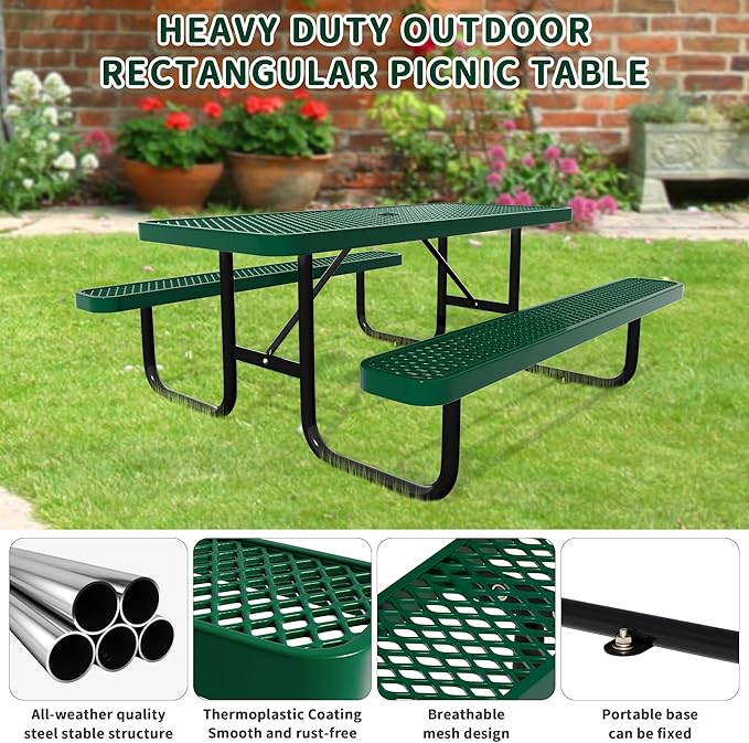 48'' Rectangular Steel Picnic Table for Outdoors,Commercial Metal Picnic Table Bench Set with Umbrella Hole,School Canteen Table W/Seats - Heavy Duty Sturdy Picnic Tables Furniture for Patio Garden