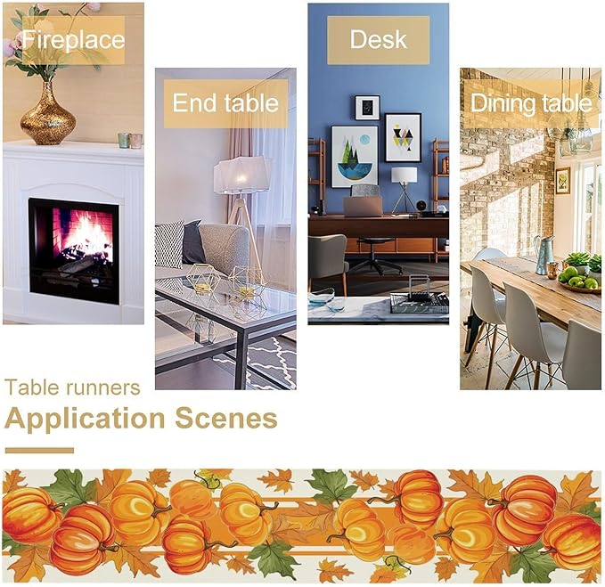 Fall Pumpkin Table Runner, Autumn Orange Maple Leaves Print Table Runner for Thanksgiving Harvest Holiday Indoor Outdoor Table Decoration, 13x60inch