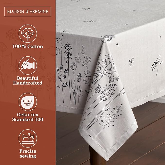 Maison d' Hermine Table Cloth Rectangle Table 100% Cotton 54 x 72 Inches Tablecloth Reusable Decorative Everyday Use for Dining Room, Farmhouse, Home, Party, Festive & Wedding Spring Summer - Flore