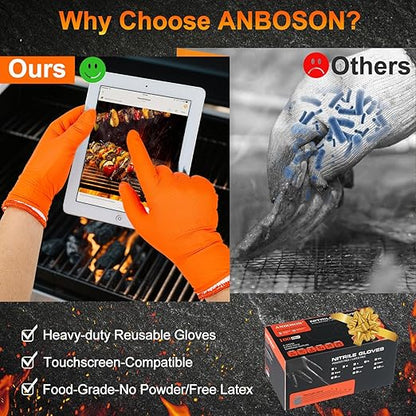 BBQ Gloves for Grilling Disposable Heat Resistant - 100 Nitrile Gloves + 4 Reusable Cotton Liners for Cooking Smoker -Orange XLarge