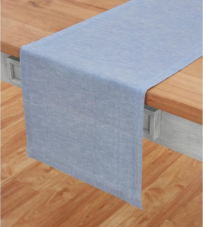 Solino Home Linen Chambray Blue Table Runner 132 Inches Long - Athena, 100% Pure Linen Dining Table Runner 14 x 132 Inch for Spring, Easter