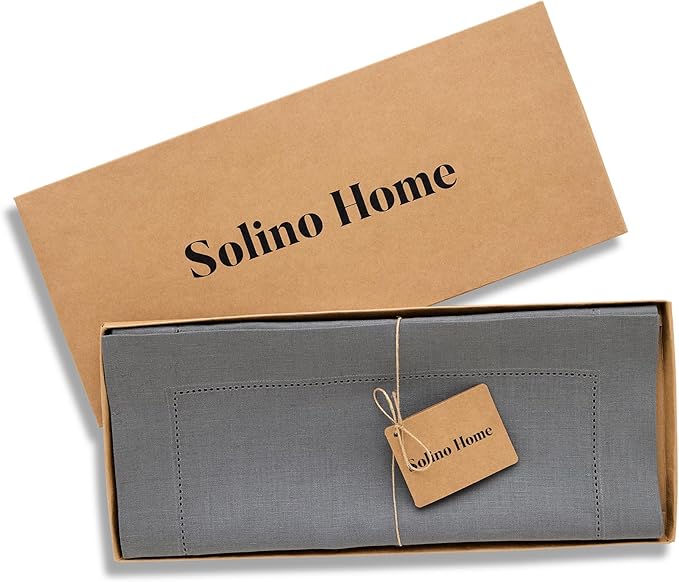 Solino Home Linen Steel Gray Table Runner 90 Inches Long - 100% Pure Linen Hemstitch 14 x 90 Inch Table Runner for Dining, Spring - Classic Hemstitch