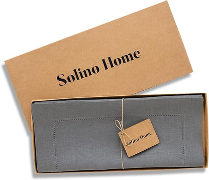 Solino Home Linen Steel Gray Table Runner 90 Inches Long - 100% Pure Linen Hemstitch 14 x 90 Inch Table Runner for Dining, Spring - Classic Hemstitch
