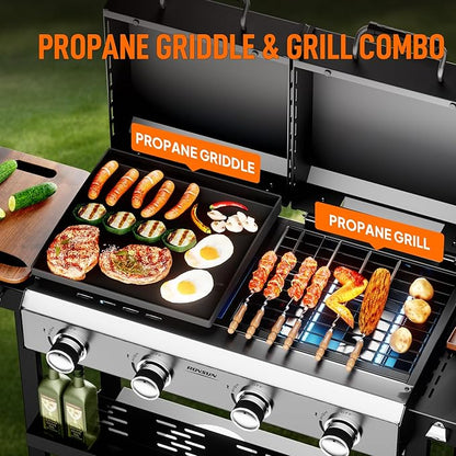 Bonnlo 2 in 1 Propane Flat Top Grill and Griddle Combo with Lid, Powerful 40,000 BTU Grills with Side Shelves & Integrated Ignition, 4 Burners Grill with Movable Wheels for Outdoor BBQ Camping Use