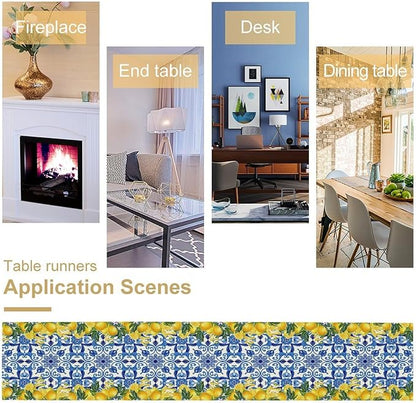 Blue Lemon Table Runner, Italy Tile Yellow Lemon Fruit Table Runners for Farmhouse Coffee Home Kitchen Dining Party Patio Indoor Outdoor 13x36in