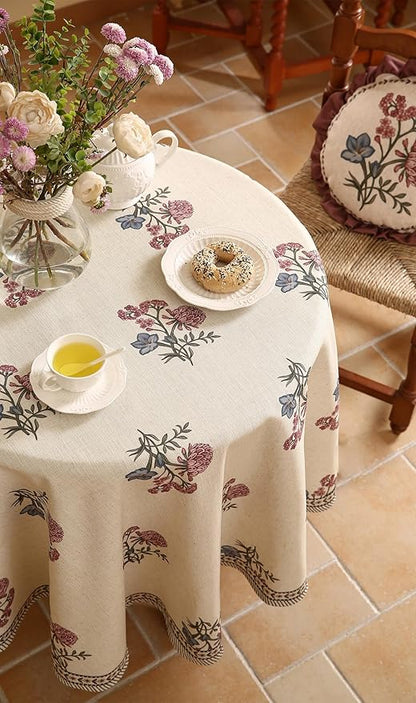 ISAENNE Designer Linen Light Beige Round Tablecloth,French Colorful Floral Table Cloth,Fall Stain Resistant Decor Tablecloths for Dining Thanksgiving Christmas Kitchen,Diameter 67"-Helena E
