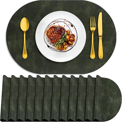 ADRIMER Placemats, Heat Resistant Oval Placemats Set of 12 Washable 12 x 17 Inch, Waterproof Table Mats, Wipeable Pu Place Mats for Kitchen, Dining Room, Olive Green