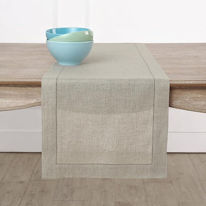 Solino Home Linen Natural Table Runner 90 Inches Long - 100% Pure Linen Hemstitch 14 x 90 Inch Table Runner for Dining, Spring, Easter - Classic Hemstitch