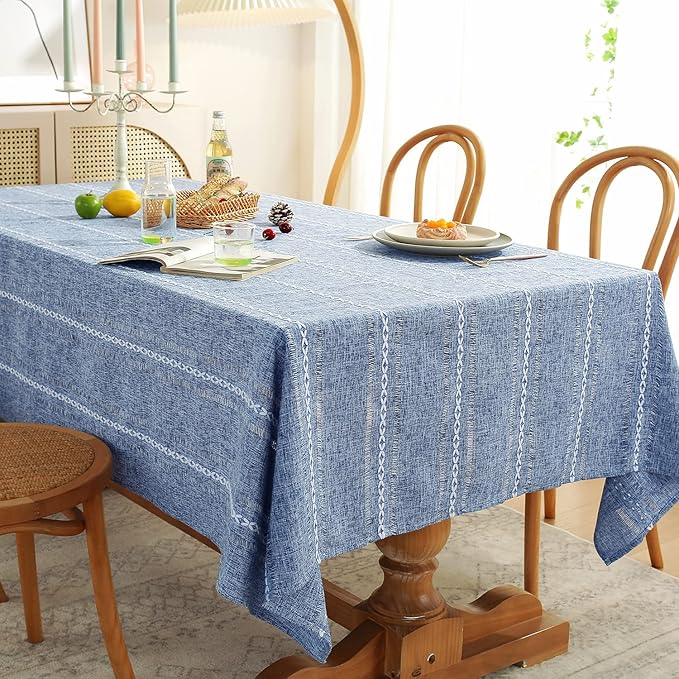 Chassic 60 x 120 inches Farmhouse Style Linen tablecloths, Wrinkle Resistant Washable Dining Room Table Cloths for 8 Foot Rectangle Tables - Hemstitch Blue