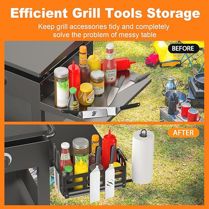 Griddle Caddy for Blackstone Griddles 28"/36"/Prep Cart, Blackstone Caddy with Squeeze Bottle, Blackstone Griddle Accessories Space Saver, BBQ Grill Storage Organizer with Magnetic Tool Holder