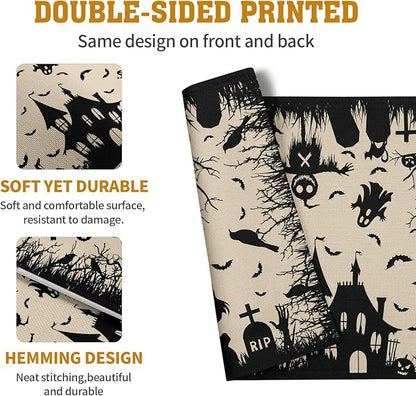 Halloween Placemats 12x18 Inch Set of 4 Black White Witch Castle Ghost Place Mats Spooky Haunted House Bats Tree Crow Table Mat for Party Kitchen Dining Outdoor Indoor Decor