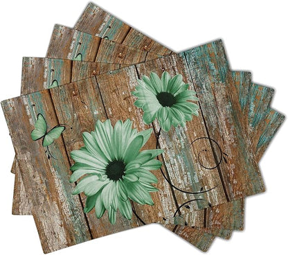 Giwawa Rustic Daisy Placemats Set of 4- Green Sunflowers on Vintage Wood Board Linen Place Mat- Farmhouse Wooden Non Slip Heat Resistant Table Mats for Dining Kitchen Cabin Lodge Decor