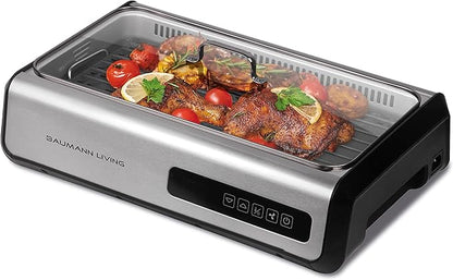 Indoor Smokeless Grill 1500W with Smart LED Touch Screen, Tempered Glass Lid, 2 Removable Ceramic Nonstick Grill & Griddle Plate, in a Modern Stainless Steel Design.