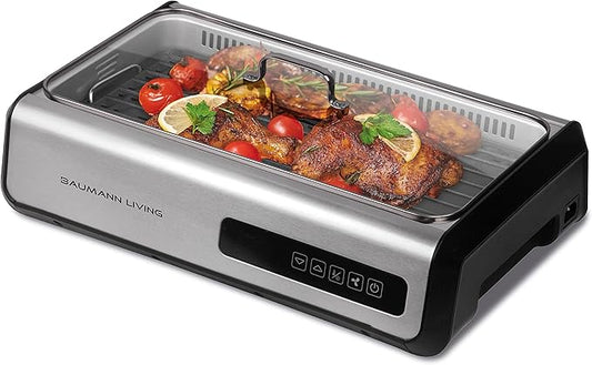 Indoor Smokeless Grill 1500W with Smart LED Touch Screen, Tempered Glass Lid, 2 Removable Ceramic Nonstick Grill & Griddle Plate, in a Modern Stainless Steel Design.