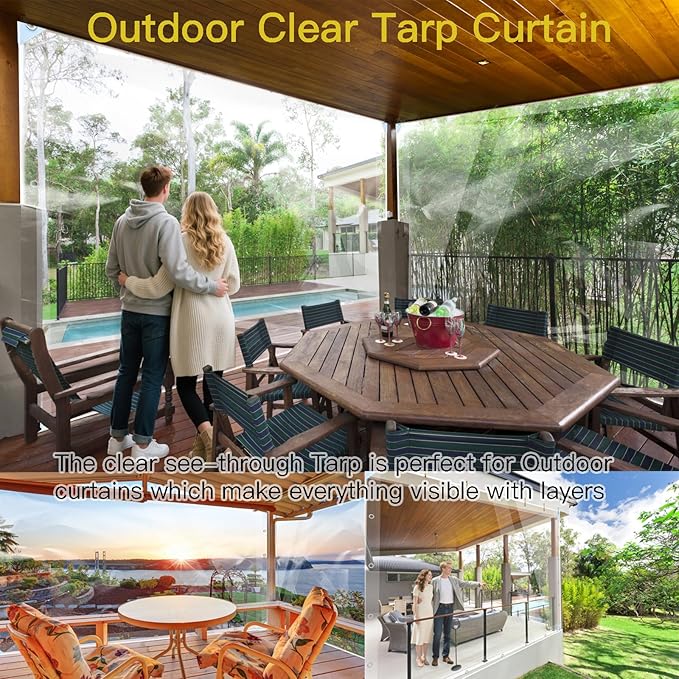 Clear Tarps Heavy Duty PVC, Transparent Tarp Durable Waterproof Dustproof Windproof, Tarpaulin with Grommets & Ropes for Greenhouse, Patio, Garden, Pavilion, Chicken, Porch, Outdoor（12' x 12'）