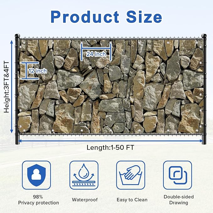 UPGRADE 4'x42'Customized PVC Privacy Fence Screen with Stone Wall Print – Outdoor Waterproof Patio Privacy Cover for Yard, Balcony, Garden Fence Decoration