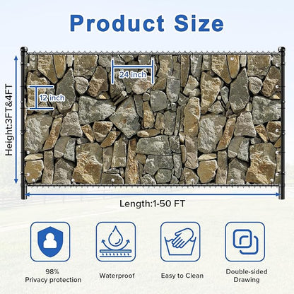 UPGRADE 3'x36'Customized PVC Privacy Fence Screen with Stone Wall Print – Outdoor Waterproof Patio Privacy Cover for Yard, Balcony, Garden Fence Decoration