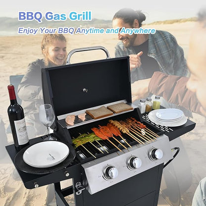Endark Propane Gas Grill 3-Burner,26,000 BTU Stainless BBQ Grill with Porcelain-Enameled Cooking Grates,Built-In Thermometer,Includes Side Shelf and Wheels,Ideal for Backyard,Patio,Outdoor Cooking