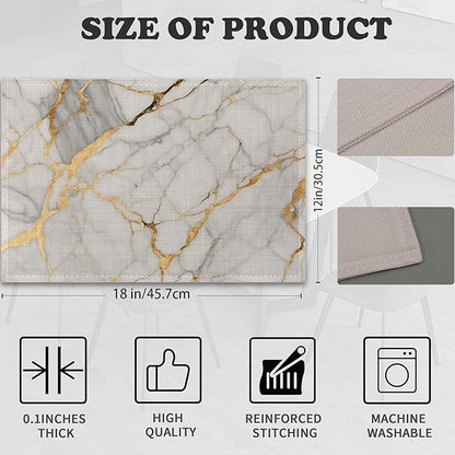 Placemats Set of 6,White Gold Marble Linen Table Mats Abstract Heat Resistant Place Mats Washable Dining Table Mats for Indoor Outdoor Kitchen Decor Easy Clean 12 x 18 Inch