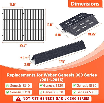 QuliMetal Grill Parts Replacement for Weber Genesis 300 Series, E310, S310, E320, E330, S330, EP310, EP320, EP330 Series Grills with Front-Mounted Control (Weber 7620+7622+7524, Black)