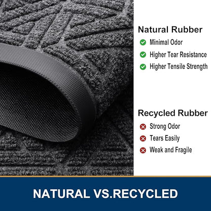 Smiry Front Door Mat Outside Entrance, Heavy Duty Sturdy Natural Rubber Doormat, Trap Dirt and Moisture, Easy Clean Low Profile Mats for Indoor Outdoor Entry, Grid Geometric (47x32, Grey)